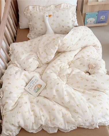 BuLuTu Baby Duckling Print Duvet Cover 47x59 Inch, Soft Muslin Duvet Cover for Boys Girls Crib Bedding Gift for Toddlers, Duck Print (Pillowcase Not Included)
