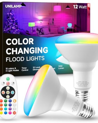 UNILAMP BR30 Color Changing Light Bulb, LED Flood Lights 12W Dimmable, 100W Equivalent, RGB+2700K+4000K+6500K, Remote Control, 1050LM, E26 Multi-Color Can Light Bulbs for Ceiling, 2 Pack
