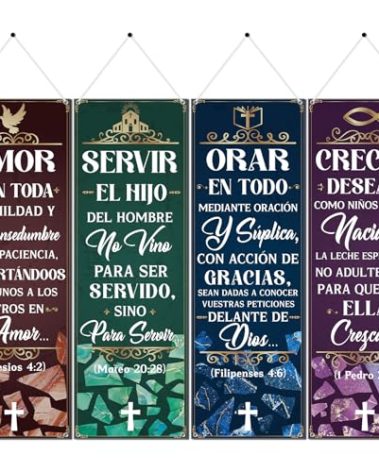 Lovarywow Church Banners with Scripture - 4PCS Spanish Church Banners for Sanctuary Wall, Christian Bible Verse Hanging Sign Wall Decor, Religious Welcome Backdrop Supplies for Sunday School (6x2 Ft)