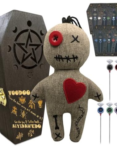 Ayidawedo®Authentic LOA Voodoo Doll Kit Include Spell Cards and Stress Relief Pins in Wooden Coffin Box - Gag Gift Complete Set