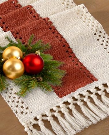 Socomi Boho Table Runner Macrame Long Valentine's Day Farmhouse Woven Cotton Linen Rustic Coffee Table Runner with Tassels for Dresser Scarf Home Decor Dining Room 12x108 inch Terracotta Ivory
