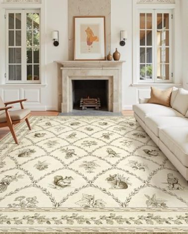 Dadasgk 8x10 Washable Rug for Living Room, Boho Beige Floral Rugs for Bedroom, Soft Non Slip Ultra-Thin Large Rug for Kids Playroom, Classroom, Girls Dorm, Nursery, Beige