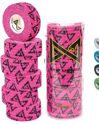 GRIP MAMBA Elastic Athletic Finger Tape, 1”Wide w/Premium Adhesive, Protects Hand Thumb Fingers Enhances Grip, Sleeve Blister Wrap for Sports, Golf, Tennis, Basketball, Pickleball (Pink, 6 Rolls)