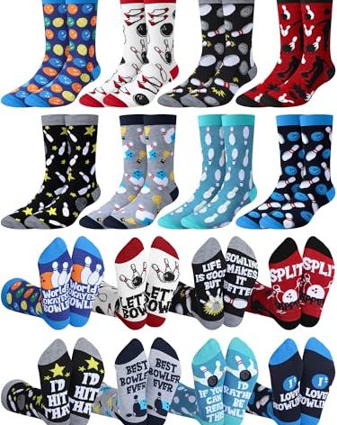 Patelai 8 Pairs Funny Bowling Gift Socks for Men Shoe Size 7-12, Novelty Crew Dress Bowling Gift Accessories for Bowlers Lovers