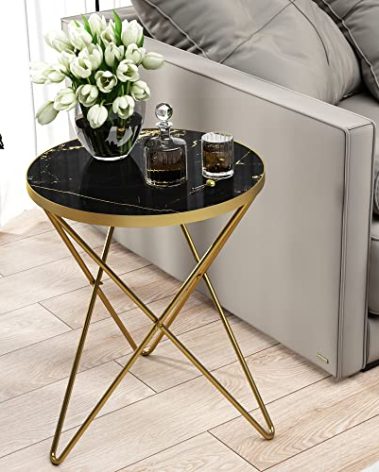 HLR Modern Round Side Table, End Table with Marble Effect Top and Gold Metal Frame, Small Side Table for Living Room, Bedroom, Sofa and Couch, Gold Legs, Black Marble top