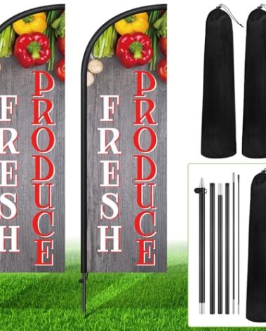 Wonderjune 2 Sets 7 ft Fresh Produce Feather Flag with Flagpole and Ground Stake, Fresh Produce Advertising Feather Banner Flag Sign for Farm Fruit Shop Market Store Business Advertising Supplies