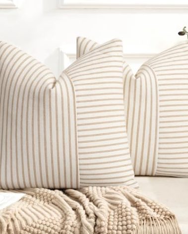 YCOLL Farmhouse Pillow Covers 20x20, Modern Accent Square Throw Pillow Covers Set of 2, Khaki and Beige Striped Patchwork Linen Decorative Pillows Cushion Covers for Couch Chair Bedroom Home Decor