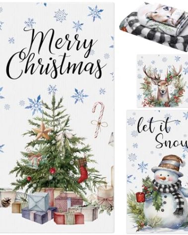 Preboun 3 Pcs Christmas Bathroom Towels Set Snowman Hand Towels for Snowflake Bath Dish Decor Watercolor Reindeer Washcloth for Bathroom Kitchen Hotel Beach Gym Spa