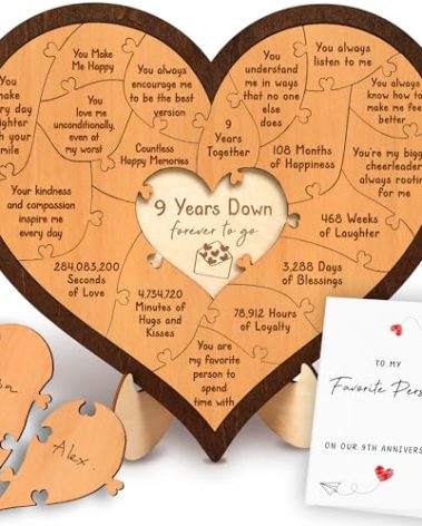 Stofinity 9 Year Anniversary Pottery Gifts For Him Her - Happy 9th Anniversary Wedding Gifts For Husband Wife, Willow Gift For 9 Years Wood Heart Puzzle
