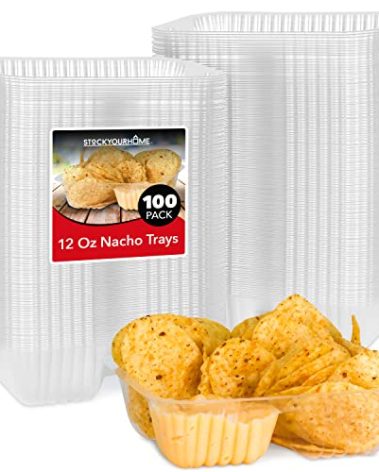 12oz Plastic Nacho Trays (100 Pack) Small Disposable Tray for Nachos & Cheese Dip, Concession Stand Supplies, Movie Night Snacks for Kids, Carnival Party Decorations, Food Boats, Snack Containers…