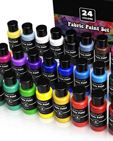 Permanent Fabric Paint Kit, 24 Colors, Medium Acrylic Set, for Clothes, Upholstery, Outdoor Cushions, Shoes, Includes Metallic Gold, White, Red, Yellow, Orange, Pink