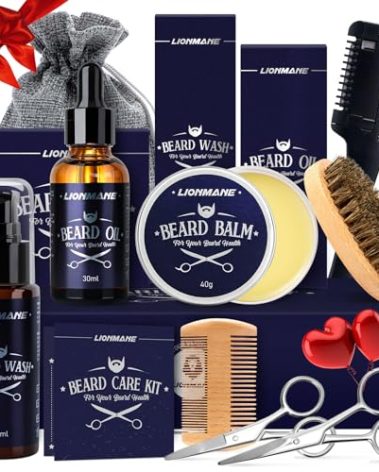 Lionmane Valentine's Day Beard Care Gifts Kit for Men, Beard Mustache Grooming Kit -Beard Balm, Beard Wash, Beard Oil, Brush, Scissors, Birthday Anniversary Daily Gifts for Husband/Boyfriend/Dad/Him