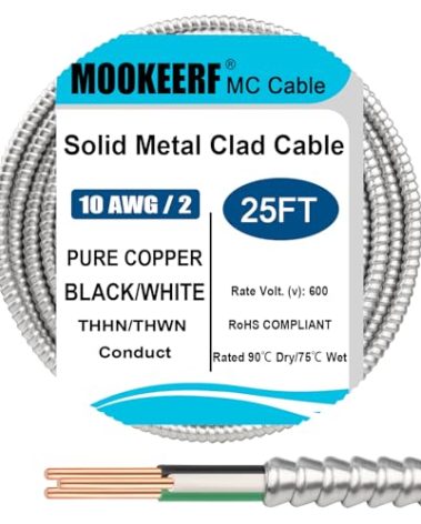 10/2 MC Cable with Ground - 25FT Pure Copper 10AWG/2 Metal Clad Wire with Aluminum Armor 10 Gauge 2 Conductor Type MC Alum Cable