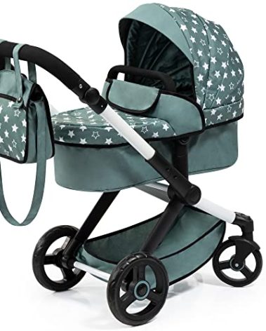 Bayer: Pram Xeo: Stars Green & White - Matching Handbag, Adjustable Handle, Dolls Up to 20", Ages 3+ | Baby Dolls | Dress Up