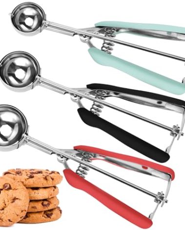 JUNADAEL J Cookie Scoop Set, Cookie Scoops for Baking Set of 3, Cookie Dough Scoop, 1 Tablespoon/ 2 Tablespoon/ 3 Tablespoon, Red/Black/Mint Handle, For Cookie Cupcake Muffin Ice Cream Truffles