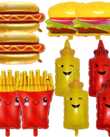 10Pcs BBQ Party Balloons,Food Themed Foil Balloons Hot Dog Hamburger Ketchup French fries Mustard Bottle for Picnic Snacks Baby Shower Birthday Party Decorations Supplies