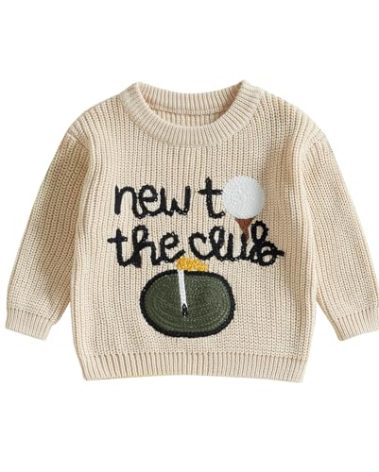 Lenjindjer Toddler Baby Boy Girl Golf Outfits New to The Club Embroidery Long Sleeve Knit Pullover Sweater Birthday Outfits (Beige, 3-6 Months)