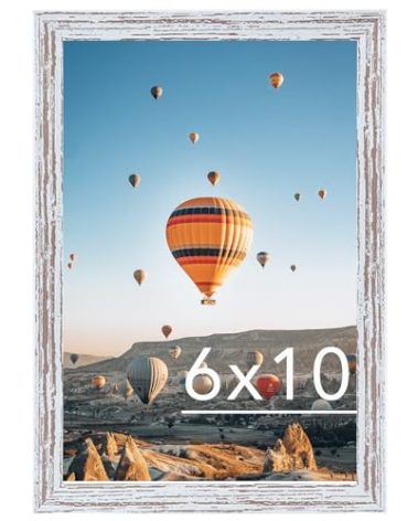 JCJMY 6x10 Picture Frame Rustic White for Wall Hanging or Tabletop, Wall Mounting Horizontally or Vertically, 6 x 10 Wall Gallery Poster Photo Frame with Shatter Resistant Plexiglass, Rustic White