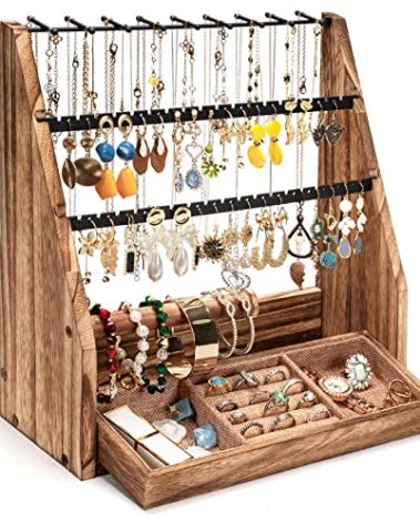 DGWJSU Jewelry Organizer Stand, 5 Layer Earring Holder Organizer with Necklace Holder, Rustic Wood Earring Organizer Display for Stud Earring Bracelet Necklace Ring, Watches