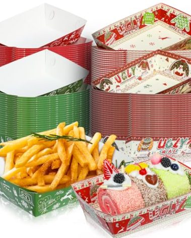 Liobelon 48 Pieces Christmas Paper Food Trays, Christmas Party Supplies, Disposable Snack Serving Trays, Xmas Food Boats Snack Popcorn Bowl for Winter Holiday Xmas Decorations