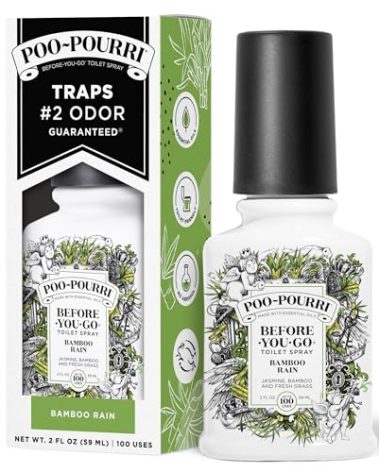 Poo-Pourri Before-You-Go Toilet Spray, Bamboo Rain, 2 Fl Oz, Up to 100 Uses, Bathroom Odor Deodorizer with Essential Oils for Home or Work, Travel Essentials, TSA Approved Size, Bamboo & Fresh Grass