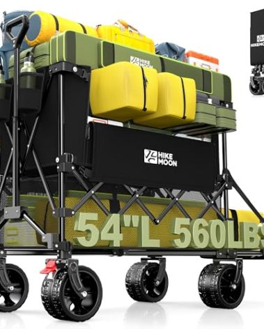 Hikemoon 400L Double Decker Wagon with Tailgate 54'' Extra Long, 560LBS Heavy Duty Wagons Carts Foldable, Big All-Terrain Wheels with Brakes, Utility Folding Cart for Beach, Camping, Sports, Black