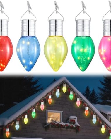 Aurelema 15 Pcs Christmas C9 Solar Light Bulbs Jumbo Hanging LED Light Bulb with Clip Waterproof Outdoor Garden Hanging Solar Lights for Christmas Tree Yard Fence Patio Party