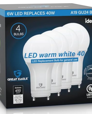Great Eagle Lighting Corporation 40W GU24 LED Light Bulb, Dimmable, 2700K Warm White, UL, Twist-in 2 Prong (4-Pack)