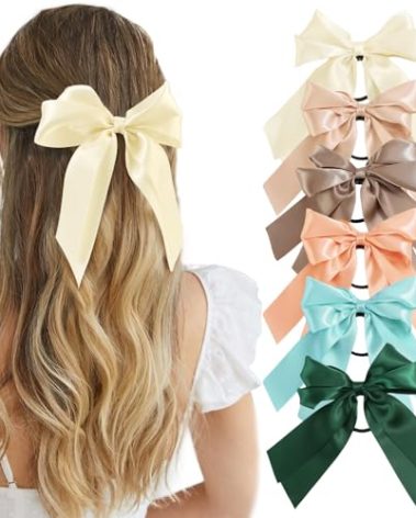 Yougeigy 6PCS Bow Hair Ties, Satin Hair Ribbon, Ribbon Hair Bows for Women Girls, Elastics Hair Scrunchies for Thick Thin Hair, Green Hair Accessories