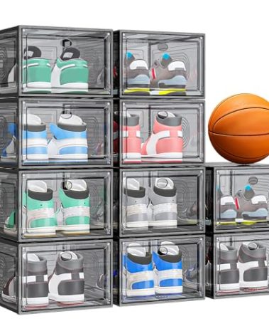 caktraie 10 Pack Thicken Shoe Organizer Stackable,Upgraded Sturdy Shoe Storage Box with Magnetic Door,Shoe Containers For Sneaker Display,Hat Organizer,Black…