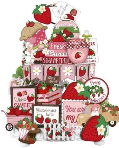 Yuntau 26 Pcs Summer Tiered Tray Decor Sets Farmhouse Summer Gnome Watermelon Strawberry Wood Sign Spring Hawaii Tiered Tray Decorations for Tabletop Home Shelf Kitchen Office(Strawberry)