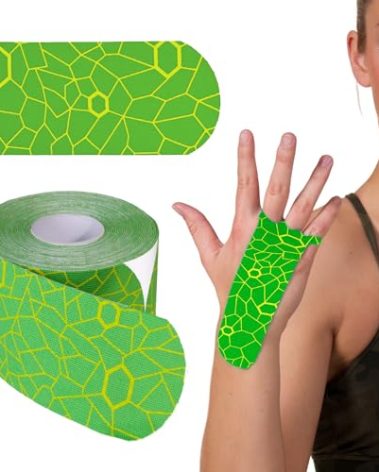 THERABAND Kinesiology Tape, Green/Yellow, 1 Roll, with XactStretch Indicators, Long-Lasting Athletic Tape for Shoulder, Back & Knee, Latex-Free & Water Resistant for Men and Women, Pre-Cut