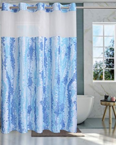 Conbo Mio No Hook Shower Curtain with Snap in Liner Set, Hotel Luxury Blue Shower Curtains for Bathroom with See Through Top Window, Waterproof, Washable 71W x 74H