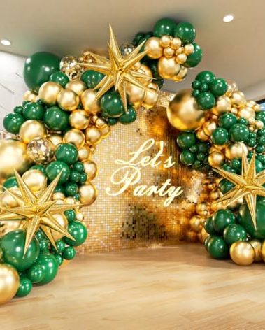 FOTIOMRG Green and Gold Balloon Arch Kit with 3pcs Star Balloon, Emerald Forest Dark Green Balloons Metallic Gold Balloons for Birthday Baby Shower Wedding New Years Party Decorations