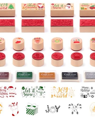 CJiangpo 15Pcs Christmas Wooden Rubber Stamps DIY Craft Card Ink Pads, Xmas Pattern Stamps for Crafting Scrapbook Card Making, Christmas Holiday Party Decorative Gift Favors Xmas Supplies