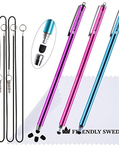 The Friendly Swede Extra Long Stylus Pen for Touchscreen — Set of 3 Thin-Tip High Precision Capacitive 7.3" Stylus Pens; Incl. Elastic Lanyards, 3 Replaceable Tips & Cleaning Cloth - Pink/Purple/Blue