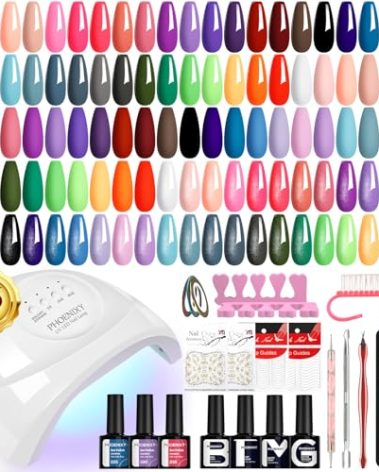 phoenixy Gel Nail Polish Kit with U V Light 48W, 56 Pcs 108 Effects Gel Nail Polish Set Base Glitter Top Coat Manicure Tools Gifts for Women
