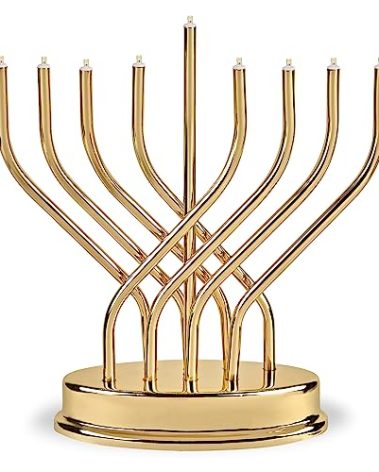 Traditional Hanukkah Electric Menorah Low Voltage Hanukkiah with LED Bulbs Contemporary Metal Electronic Chanukiah Battery Powered Chanukah Lights by Aviv Judaica (Shiny Gold/Brass)