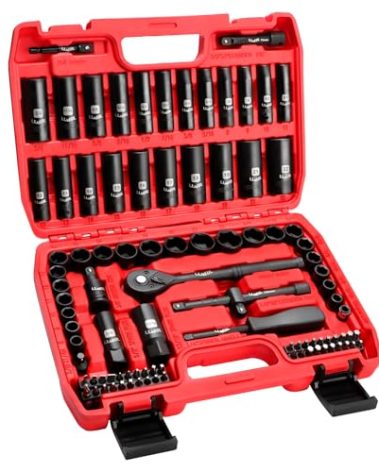 LLNEDL 3/8" Drive Impact Socket Set 95Pcs, Spark Plug Socket (5/8", 13/16"), 6 Point Metric & SAE from 5/16"- 3/4", 8-22mm, CR-V Deep & Shallow Kit with Quick Release Ratchet (72-Tooth) for Home & DIY
