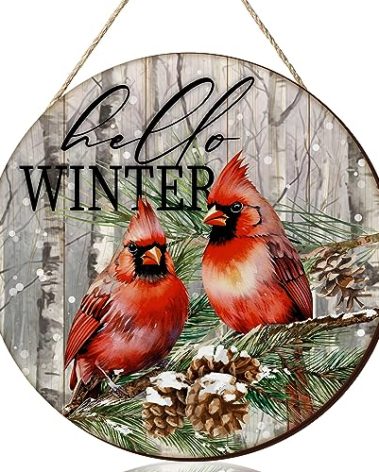 Hello Winter Welcome Door Sign Winter Christmas Door Decor Wooden Farmhouse Wall Hanging Plaque for Christmas Party Home Front Porch Yard Indoor Outdoor Decorations(Cardinal)