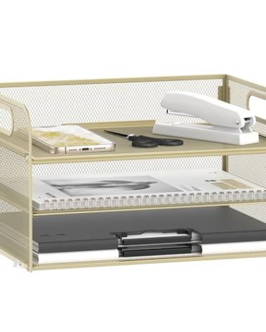 Daltack 3-Tier Paper Organizer with Handle, Mesh Desk Organizer Letter Tray, Paper Tray Organizer File Organizer for A4 File Folder, Golden Yellow
