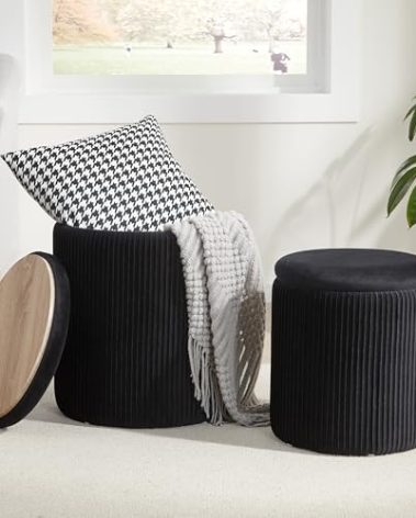 Royal Windsor Round Ottoman with Storage Set of 2,Vanity Stool with Storage for Bedroom, Ottoman Coffee Table,Small Velvet Foot Stool for Living Room, Black