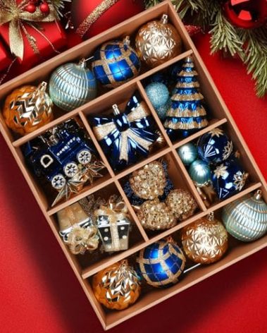 Alupssuc 82pcs Christmas Balls Ornaments, Delightful Classic Gift Set, Shatterproof Plastic Decor for Xmas Tree Holiday Wedding Party Decorations with Hanging Strings, Blue and Gold