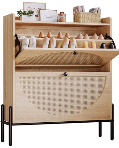 IRONCK Shoe Cabinet Storage with 2 Flip Drawers, Free Standing Wooden Shoe Storage Organizer Cabinet with Rattan Doors for Entryway, Narrow Shoe Rack Cabinet, Oak