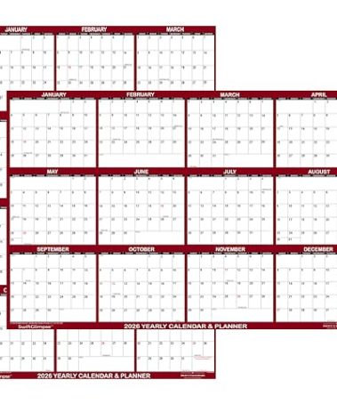 32" x 48" SwiftGlimpse 2026 Wall Calendar Erasable Jumbo XL Wet & Dry Erase Laminated 12 Month Annual Yearly Wall Planner, Reversible, Horizontal/Vertical, Maroon