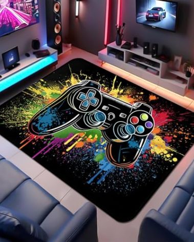 Perfect Kicks Gaming Rug for Boys Room 5'x7' Non-Slip Colorful Cool Game Rug 3D Gamepad Controller Mat for Bedroom Living Room Game Room Decor