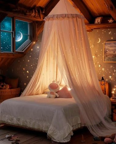 Eimilaly Princess Bed Canopy for Girls, Double Layer Canopy with Cutout Stars, Breathable Dream Canopy & Washable Pink Fabric, Fits Twin/Full Bed - Fairy Bed Tent for Kids Room Decor, Pink