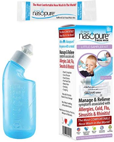 Nasopure Nasal Wash, Little Sampler Kit, “The Nicer Neti Pot” Sinus Wash Kit, Comfortable Nasal Rinse 4 Oz Bottle & 4 Salt Packets (3.75 Gr Each), Nasal Congestion, Cold, Allergy, Nasal Irrigation