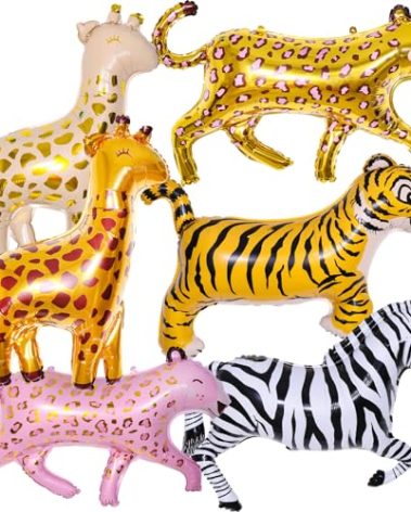 6 Pieces Giant Jungle Safari Animals Balloons,Large Zebra Giraffe Leopard Cheetah Tiger Foil Balloons For Wild One Safari Zoo Jungle Theme Party Baby Shower Birthday Party Decoration