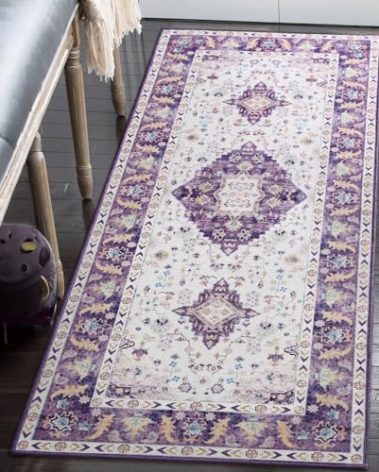 Amearea Vintage Design Area Rugs for Living Room, 2x6 Machine Washable Floral Collection Traditional Bedroom Rug, Low Pile Cute Kids Room Print Carpet, No Slip Office Kitchen Home Decor, Purple